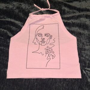 Pink Crop Tank Top with Graphic Tie Front